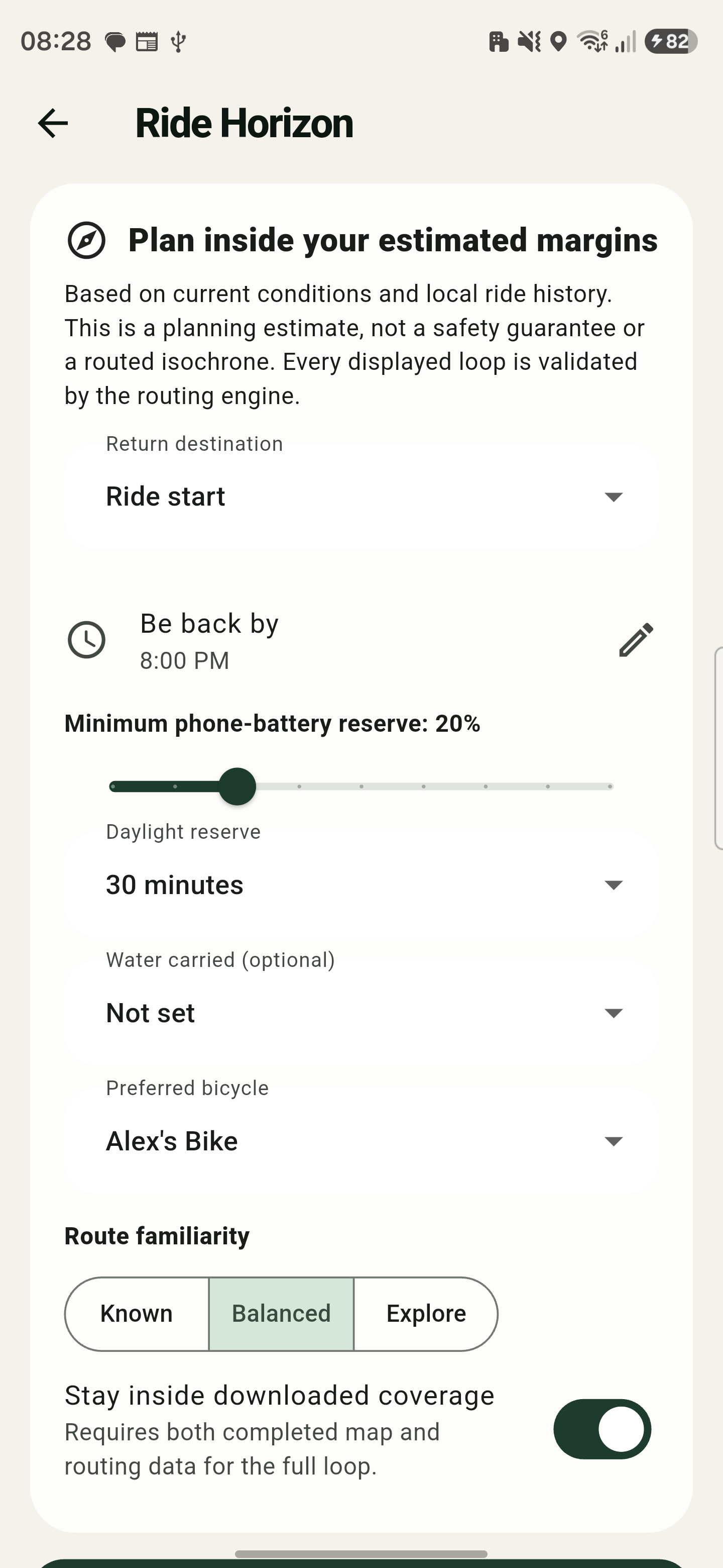 Ride Horizon setup screen with return time, battery and daylight reserves, bicycle, route familiarity, and downloaded coverage controls